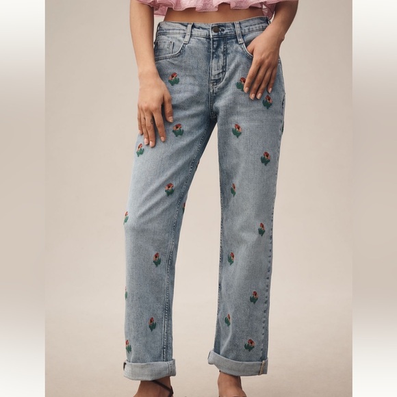 Pilcro Light Blue Embroidered Rose Boyfriend Jeans - Picture 2 of 16